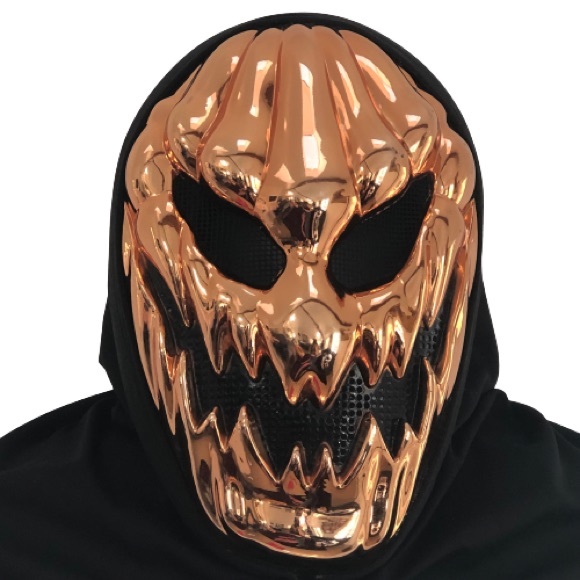 Halloween Scary Jack-O-Lantern Mask Metallic Orange Pumpkin Skull Hodded Costume - Picture 1 of 7